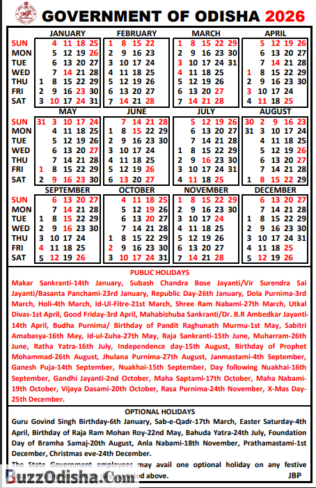Download Odisha Govt Calendar 2026 PDF